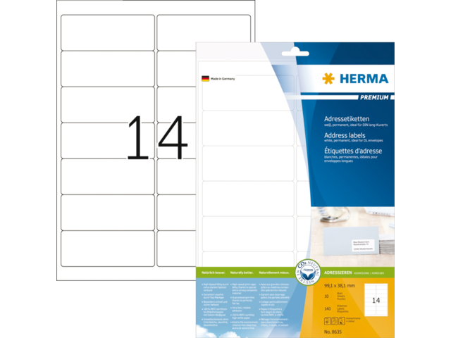 Herma Etiket Premium no:8635 99.1x38.1mm Wit 140st 1 Pak