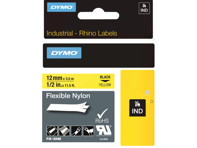 18490 - DYMO Lettertape RHINO 12mm 3,5m Geel Zwart Vinyl 18490