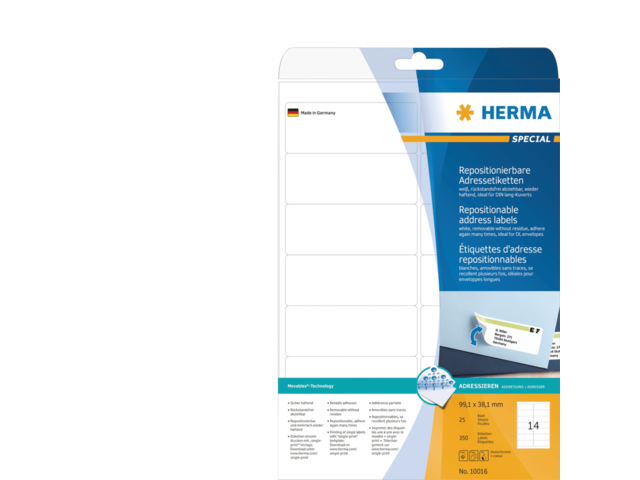 Herma Speciaal Etiket Verwijderbaar no:10016 99.1x38.1mm Wit 350st 1 Pak