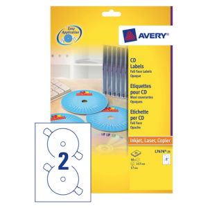 L7676-25 - Avery CD/DVD Etiket Papier Mat L7676 Ø117mm 50st Wit 1 Pak