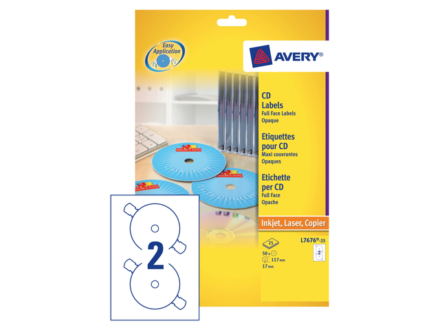 L7676-25 - Avery CD/DVD Etiket Papier Mat L7676 Ø117mm 50st Wit 1 Pak