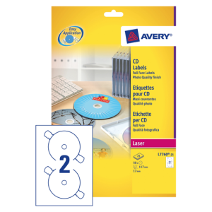 L7760-25 - Avery CD/DVD Etiket Papier L7760 Ø117mm 50st Wit