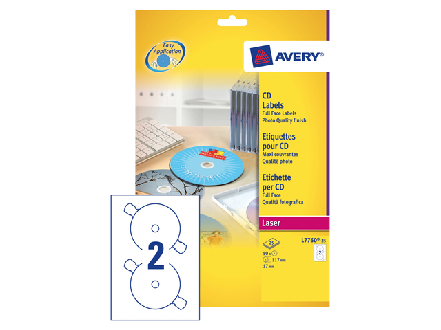 L7760-25 - Avery CD/DVD Etiket Papier L7760 Ø117mm 50st Wit