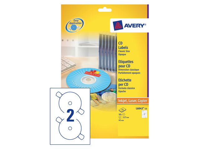 L6043-25 - Avery CD/DVD Etiket Papier L6043 Ø117mm 50st Wit 1 Pak