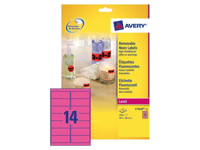 L7363P-25 - Avery Gekleurde Etiketten Verwijderbaar L7363P 99.1x38.1mm 340st Neon Roze 1 Pak