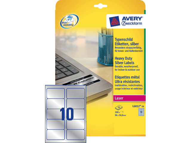 L6012 - Avery Etiket Polyester Heavy Duty L6012 96x50.8mm 200st Zilver 1 Pak