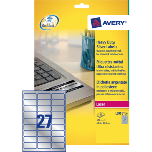 L6011-20 - Avery Etiket Polyester Heavy Duty L6011 63.5x29.6mm 540st Zilver 1 Pak