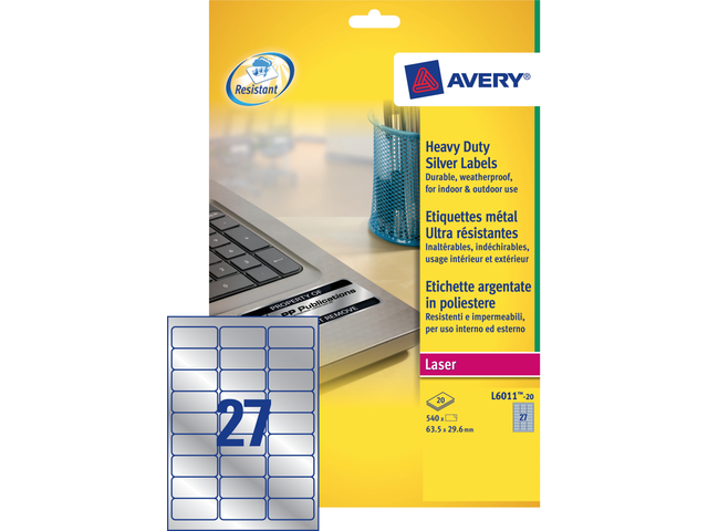 L6011-20 - Avery Etiket Polyester Heavy Duty L6011 63.5x29.6mm 540st Zilver 1 Pak