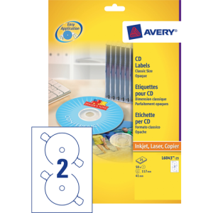 L6043-100 - Avery CD/DVD Etiket Papier L6043 Ø117mm 200st Wit 1 Pak