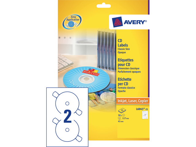 L6043-100 - Avery CD/DVD Etiket Papier L6043 Ø117mm 200st Wit 1 Pak