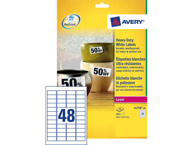 L4778-20 - Avery Etiket Polyester Heavy Duty L4778 45.7x21.2mm 960st Wit 1 Pak