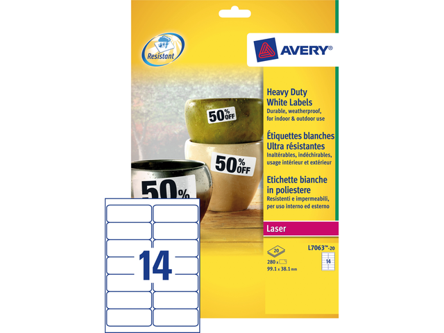 L7063-20 - Avery Etiket Polyester Heavy Duty L7063 99.1x38.1mm 280st Wit 1 Pak