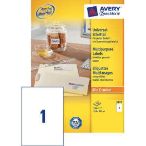 3478 - Avery Universal Etiket Zweckform no:3478 210x297mm 100st Wit