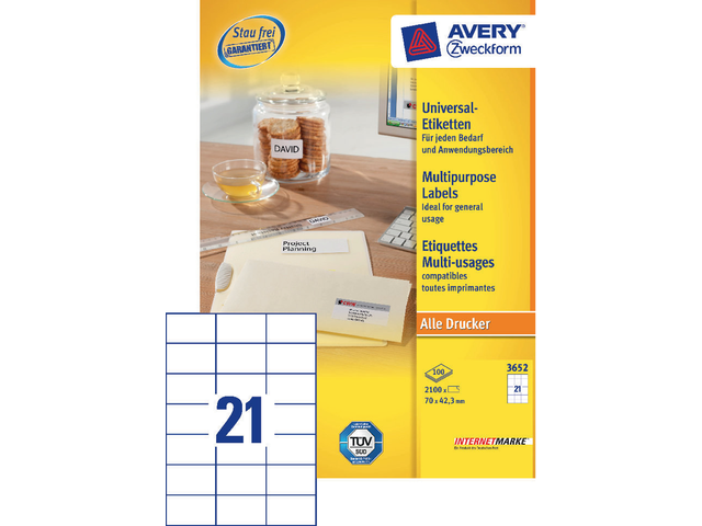 3652 - Avery Universal Etiket Zweckform no:3652 70x42.3mm 2.100st Wit