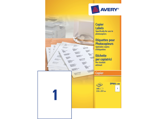 DP001-100 - Avery Adres Etiket Papier Copier DP001 210x297mm 100st Wit 1 Pak