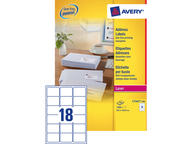 L7161-100 - Avery Adres Etiket Papier L7161 63.5x46.6mm 1.800st Wit 1 Pak