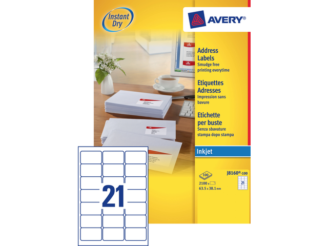 J8160-100 - Avery Adres Etiket Papier QuickDRY J8160 63.5x38.1mm 2.100st Wit 1 Pak
