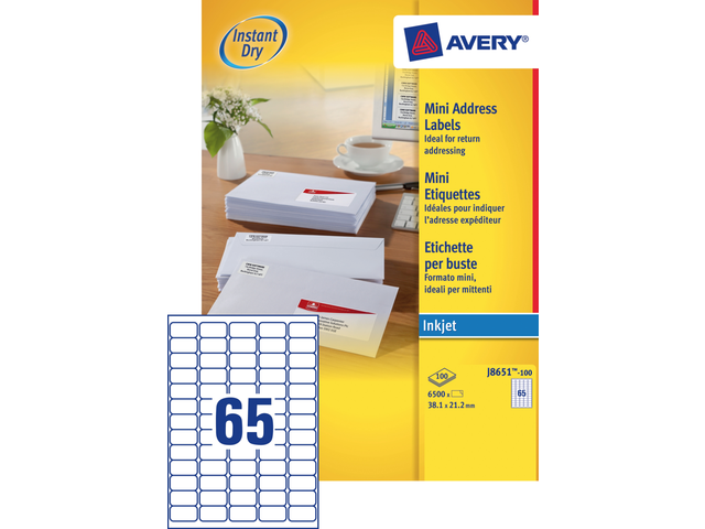 AVERY Adres Etiket QuickDRY J8651 38.1x21.2mm 6.500st Wit 1 Pak