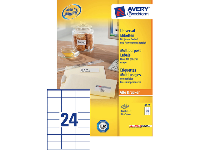 3475 - Avery Universal Etiket Zweckform no:3475 70x36mm 2.400st Wit