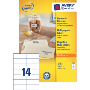 3653 - Avery Universal Etiket Zweckform no:3653 105x42.3mm 1.400st Wit