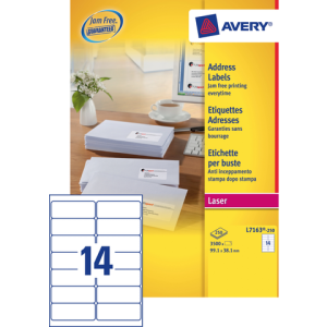 L7163-250 - Avery Adres Etiket Papier L7163 99.1x38.1mm 3.500st Wit 1 Pak