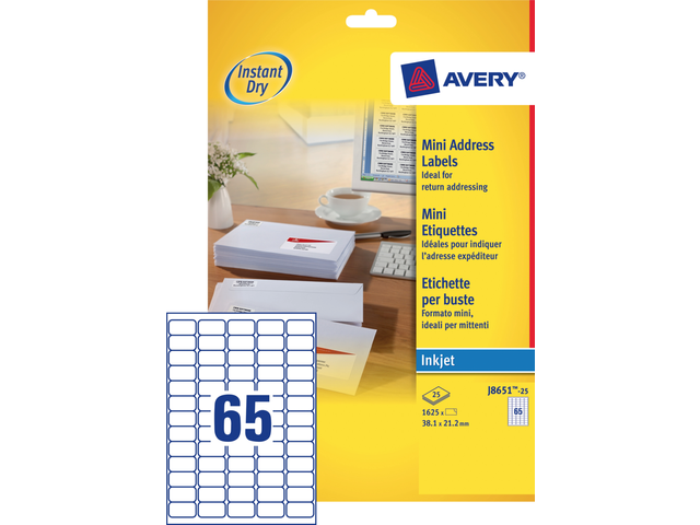 J8651-25 - Avery Adres Etiket QuickDRY J8651 38.1x21.2mm 1.625st Wit 1 Pak