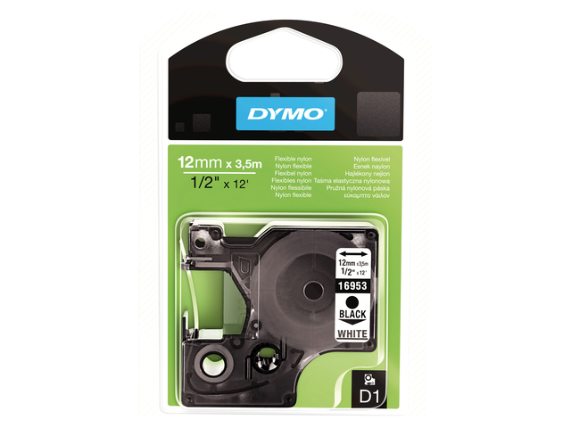 S0718040 - DYMO Lettertape D1 12mm 3,5m Wit Zwart Nylon 16957