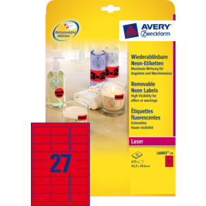 L6003-25 - Avery Gekleurde Etiketten Verwijderbaar L6003 63.5x29.6mm 675st Neon Rood 1 Pak