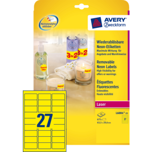 L6004-25 - Avery Gekleurde Etiketten Verwijderbaar L6004 63.5x29.6mm 675st Neon Geel 1 Pak