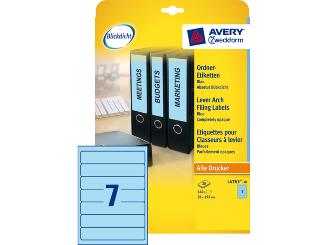 L4763-20 - Avery Gekleurde Etiketten Zweckform L4763 192x38mm 140st Blauw