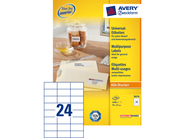3474 - Avery Universal Etiket Zweckform no:3474 70x37mm 2.400st Wit