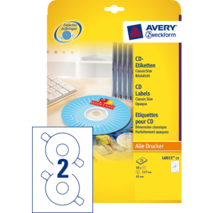 L6015-25 - Avery CD/DVD Etiket Papier L6015 Ø117mm 50st Wit 1 Pak