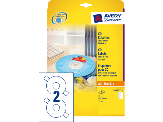 L6015-25 - Avery CD/DVD Etiket Papier L6015 Ø117mm 50st Wit 1 Pak