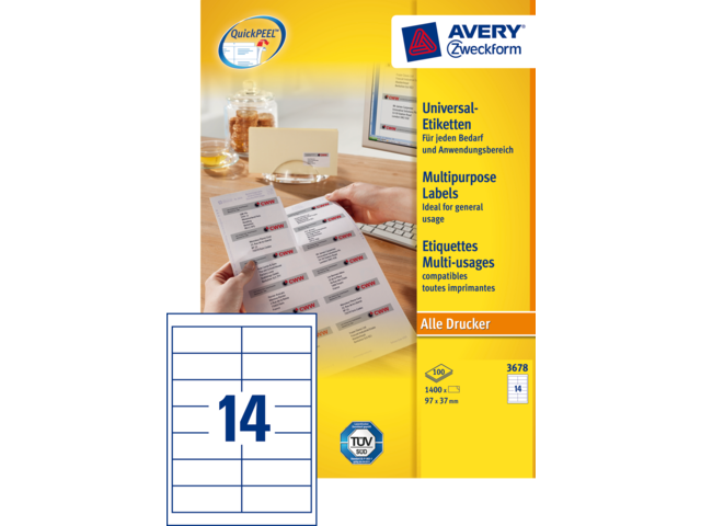 3678 - Avery Universal Etiket Zweckform no:3678 97x37mm 1.400st Wit