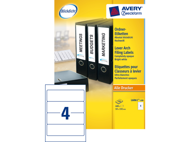 AVERY Rugetiket Zelfklevend L6061-100 Wit 1Pak 192x59mm