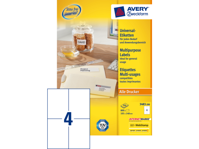 3483-200 - Avery Universal Etiket Zweckform no:3483-200 105x148mm 800st Wit