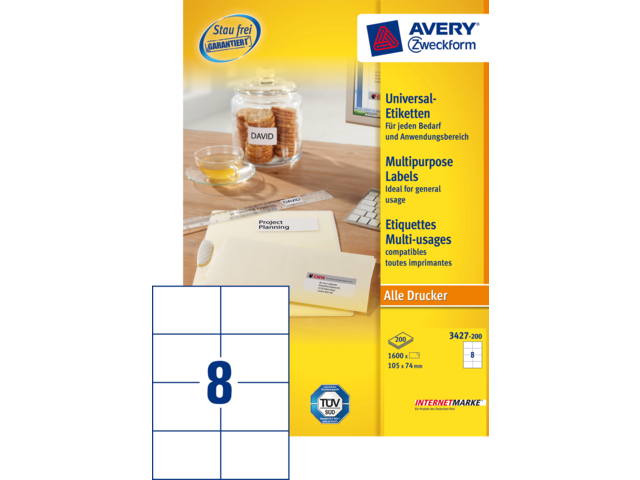 3427-200 - Avery Universal Etiket Zweckform no:3427-200 105x74mm 1.600st Wit