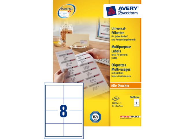 3660-200 - Avery Universal Etiket Zweckform no:3660 97x67.7mm 1.600st Wit