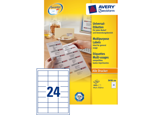 3658-200 - Avery Universal Etiket Zweckform no:3658 64.6x33.8mm 4.800st Wit