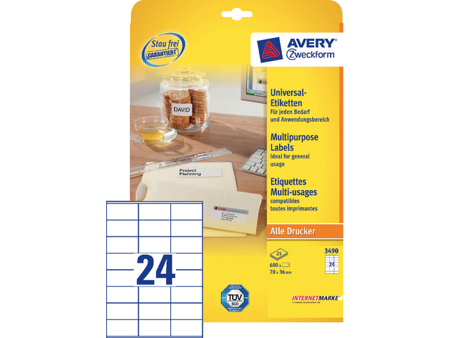 3490 - Avery Universal Etiket Zweckform no:3490 70x36mm 600st Wit