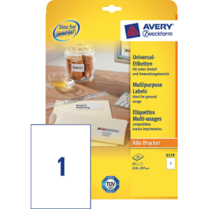 6119 - Avery Universal Etiket Zweckform no:6119 210x297mm 25st Wit