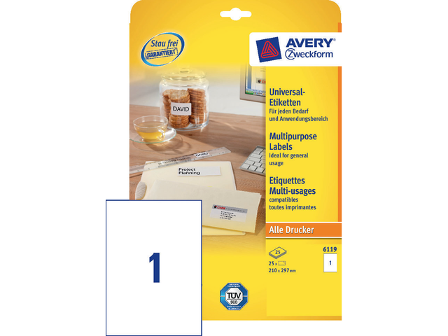 6119 - Avery Universal Etiket Zweckform no:6119 210x297mm 25st Wit