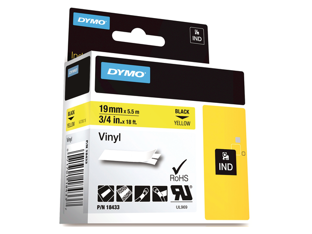 S0718470 - DYMO Lettertape RHINO 19mm 5,5m Geel Zwart Vinyl 18433