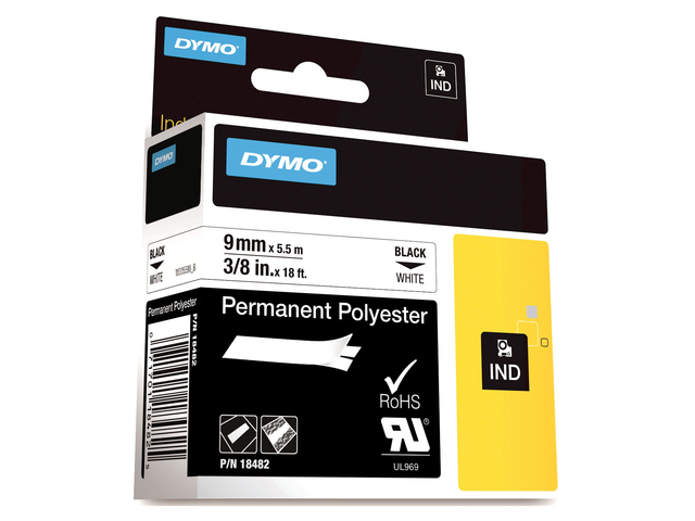 DYMO Lettertape RHINO 9mm 5,5m Wit Zwart Vinyl 18482