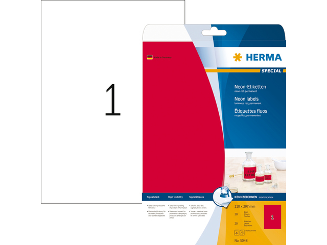5048 - HERMA Speciaal Etiket Folie SuperPrint no:5048 A4 20st Fluor Rood 1 Pak
