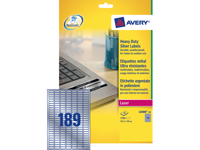 L6008-20 - Avery Etiket Polyester Heavy Duty L6008 25.4x10mm 3.780st Zilver 1 Pak