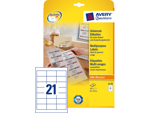 6170 - Avery Universal Etiket Zweckform no:6170 64x36mm 525st Wit