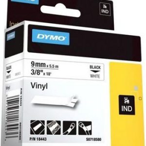S0718580 - DYMO Lettertape RHINO 9mm 5,5m Wit Zwart Vinyl 18443
