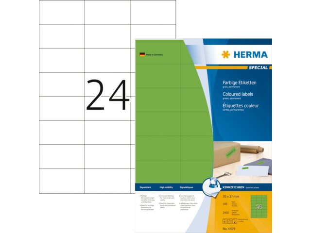 4409 - HERMA Etiket PV (Papier Vellum) Permanent 70mm 37mm 4409 Groen 2.400st op A4 Vel