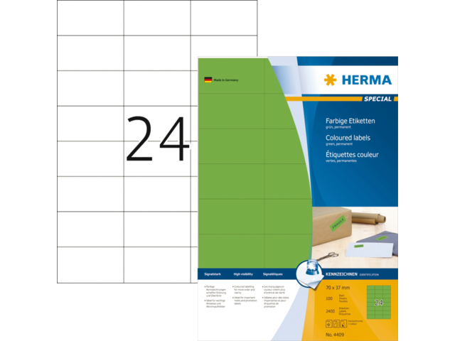 4409 - HERMA Etiket PV (Papier Vellum) Permanent 70mm 37mm 4409 Groen 2.400st op A4 Vel